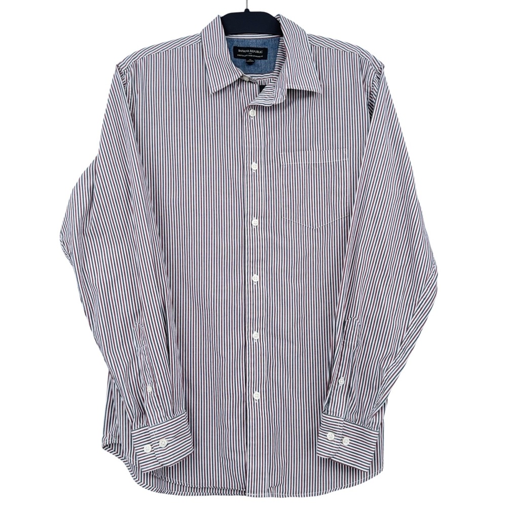 Banana Republic Button Down Shirt Mens M 100% Cotton Red White Blue Striped